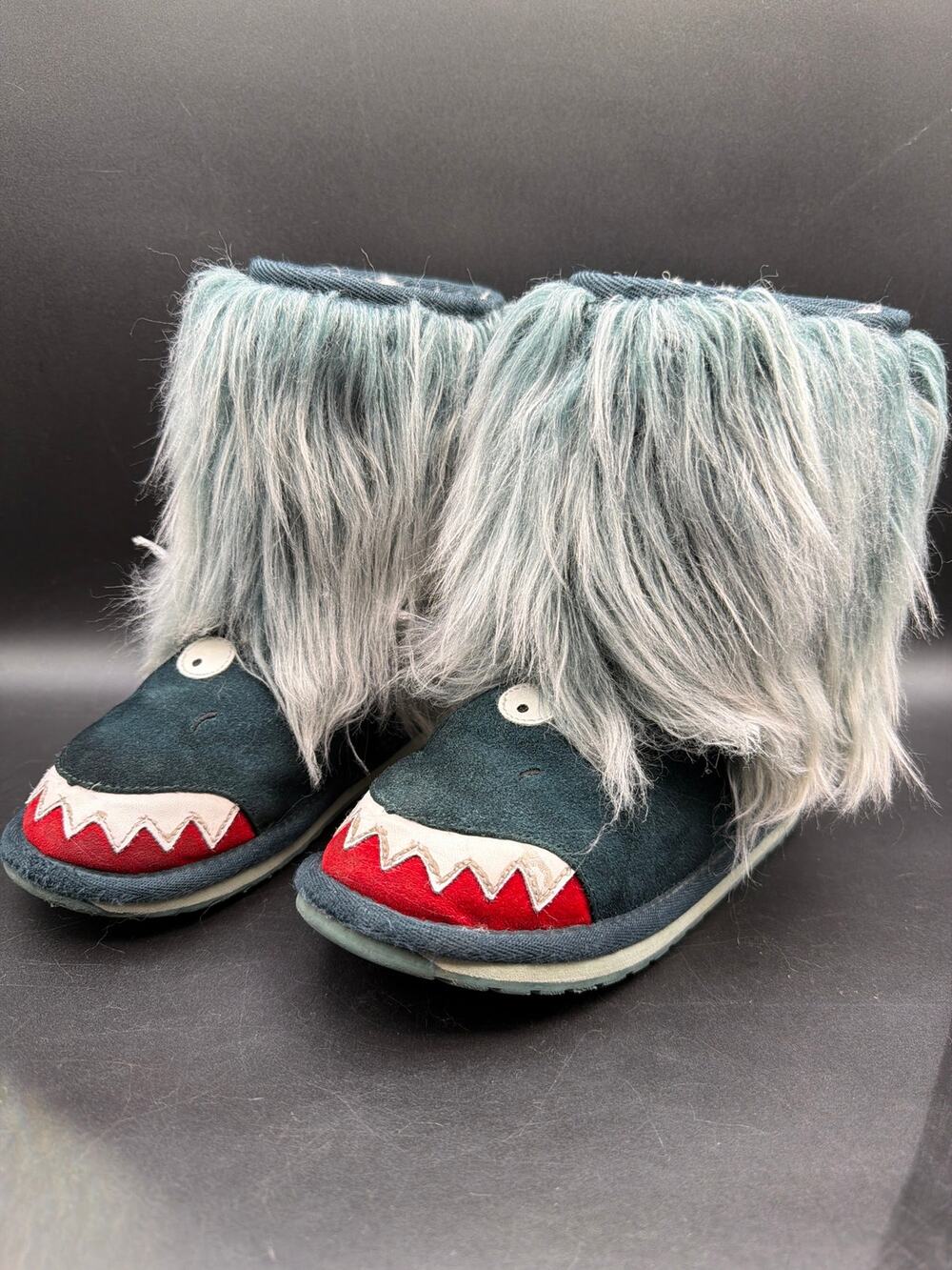 EMU Australia Monster Kids Size K12 Merino Wool Monster Slippers Boots Blue Gray